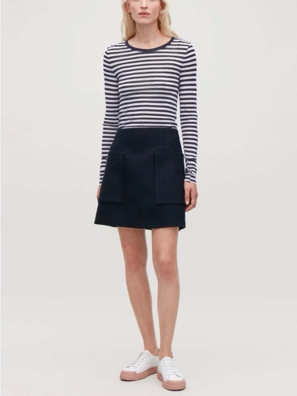 COS Striped Wool Long Sleeve Top Black White Minimal Size S